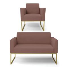 Imagem de Sofá Namoradeira Com Poltrona Base Industrial Dourado Marisa Veludo Rosê D03 - D'rossi
