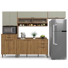Imagem de Armário De Cozinha Completa Com Balcão Nicho Para Micro Ondas 9 Portas 5 Gavetas Paris Nogal/verde