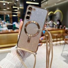 Imagem de Capa crossbody cordão glitter para samsung galaxy s24 s23 s21 fe s22 ultra plus magnético macio tpu chapeamento capa, dourado, para samsung s23 fe