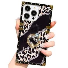 Imagem de Kwhapoo Capa quadrada de luxo compatível com iPhone 13/14 de 6,1 polegadas, capa com suporte de diamante de leopardo brilhante, macio, à prova de choque, capas de guepardo para mulheres e meninas