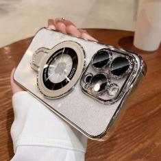 Imagem de Caso de carregamento sem fio de luxo para iphone 11 12 13 14 15 pro max plus glitter anel magnético suporte capa transparente, prata, para iphone 14