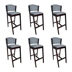 Imagem de Kit 6 Banquetas Alta De Madeira Maciça Castanho Premium Ana Com Encosto Linho Cinza