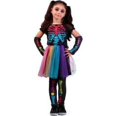 Imagem de Fantasia Halloween Infantil pra Menina Vestido Caveira Colorida Com Me
