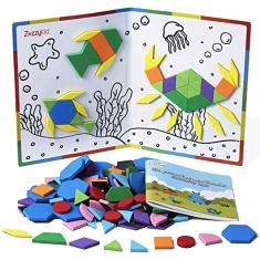Imagem de ZazzyKid Kids Blocos de padrão magnético Conjunto: 216 PCS Forma Geométrica Quebra-cabeças Tangram - STEM