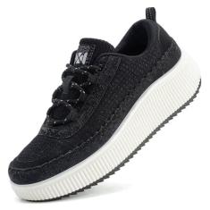 Imagem de MAIZUN Tênis de plataforma feminino, com cadarço, confortável, grosso, casual, moderno, tênis de caminhada, Preto, 36