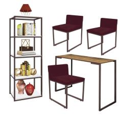 Imagem de Kit Escritório Ravi 3 Cadeiras Suede Bordô com 1 Mesa e 1 Livreiro Ferro Marrom MDF Caramelo - Ahazzo Móveis
