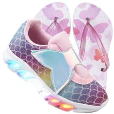 Imagem de Tenis Feminino De Led Calce Facil Refletivo Infantil Sereia + Chinelo
