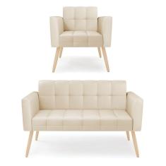 Imagem de Kit 1 Sofá Namoradeira E 1 Poltrona Elisa Corino Pés Palito Natural - D`rossi Cor Bege