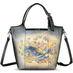 Imagem de Bolsa feminina de couro genuíno pintada à mão, feita à mão, bolsa de ombro casual, Padrão 2, Medium