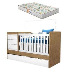 Imagem de Berço Multifuncional Cléo Branco Acetinado Amadeirado com Colchão Gazi