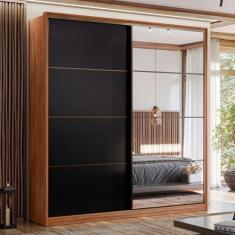Imagem de Guarda-Roupa Casal Belga 2 Portas 3 Gavetas com Espelho Nogueira Touch/Preto Prime Tx - Demóbile