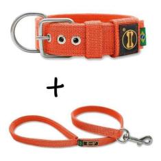 Imagem de Coleira Cachorro Grande Pit Bull + Guia 80cm (Laranja) Fit - Amorosso