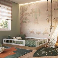 Imagem de Cama De Casal Para Criança Com Colchão Montessori Aveiro Oak Branco Festa Jm Móveis