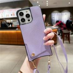 Imagem de Capa de telefone tipo carteira crossbody para iPhone 15 14 Plus 13 12 11 Pro Max Capa de couro com suporte para cartão, cordão de ombro, alça de corda, roxa, para iPhone 14