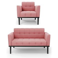 Imagem de Sofá Namoradeira E Poltrona Base De Madeira Preto Elisa Suede D03 - D'rossi Cor Rose