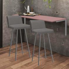 Imagem de Kit Mesa Suspensa de Parede Fixa MDF Rosa + 2 Banquetas Lexi Ferro Prata Suede Cinza - Ahazzo Móveis