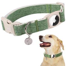 Imagem de DOGWONG Airtag Coleira de algodão cânhamo, coleira de cachorro resistente com suporte para Airtag, coleira de cachorro verde, tecido natural durável, colar para cães fofos, para cães pequenos, médios e grandes