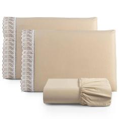 Imagem de Jogo De Lençol King 3 Peças Basic Percal 180 Fios Lese Bordado Inglês - Cáqui