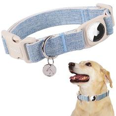 Imagem de DOGWONG Airtag Coleira de algodão cânhamo para cães, resistente com suporte para etiqueta de ar, coleira azul para cães de tecido natural durável, colar de cachorro fofo para cães pequenos, médios e grandes