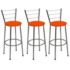 Imagem de Kit 3 Banquetas Altas Cromada com Encosto Assento Laranja