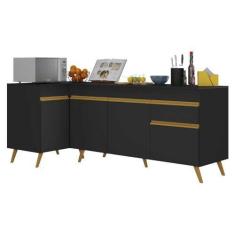 Imagem de Kit Armário de Cozinha Balcão Canto 90cm e Gabinete Pia 150cm Veneza Multimóveis Mp2158 Preto/dourado