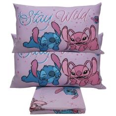 Imagem de Jogo De Cama Portallar Casal Malha Mista Joy Disney Stitch E Angel Love 03 Peças Rosa