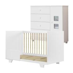 Imagem de Quarto de Bebê com Berço Mini Cama 100% Mdf Flocos e Cômoda de Bebê 100% Mdf 1 Porta 4 Gavetas Life Branco