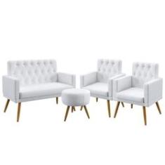Imagem de Kit Poltrona Namoradeira e 2 Poltronas Estofada Vega Com Rodapé E Capitonê Puff Solar Couro Artificial  Aradecor