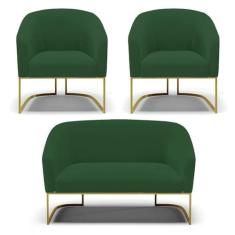 Imagem de Sofá Namoradeira e 2 Poltronas Base Industrial Dourado Stella Veludo Verde D03 - D'Rossi