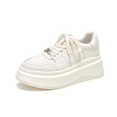 Imagem de BEAU TODAY Tênis feminino plataforma de couro moderno tênis grosso confortável casual antiderrapante cadarço tênis moderno, Branco, 34