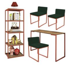 Imagem de Kit Escritório Ravi 3 Cadeiras Suede Verde com 1 Mesa e 1 Livreiro Ferro Bronze MDF Caramelo - Ahazzo Móveis