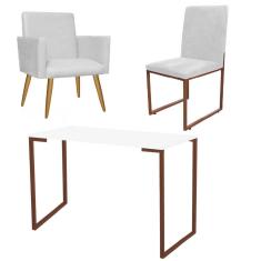 Imagem de Kit Escritório Stan Poltrona com Cadeira e Mesa Industrial Tampo Branco Bronze Corino Branco - Ahz Móveis