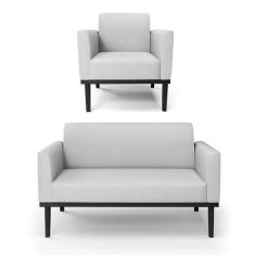 Imagem de Sofá Namoradeira com Poltrona Base de Madeira Fixa Preto Marisa Linho Cinza A05 D03 - D'Rossi