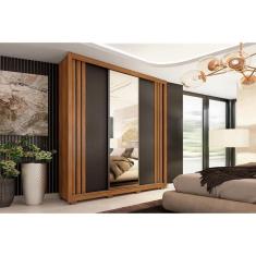 Imagem de Guarda Roupa Casal 3 Portas de Correr (1 c/ Espelho) e 2 Gavetas c/ Pés Moema Flex Amêndola/Nude ou Preto - Demóbile