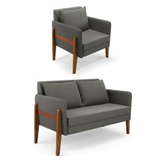 Imagem de Kit 1 Sofá Namoradeira e 1 Poltrona Lana Suede Base de Madeira - D`Rossi