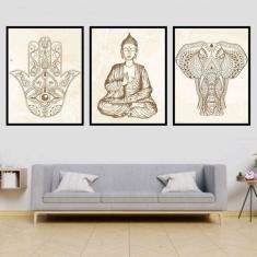 Imagem de Kit 3 Quadros Decorativos Buda Zen Hamsa E Elefante 34X23cm