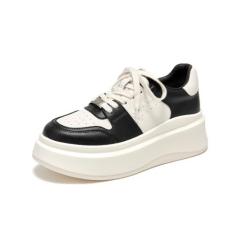 Imagem de BEAU TODAY Tênis feminino plataforma de couro moderno tênis grosso confortável casual antiderrapante cadarço tênis moderno, Branco/preto, 36