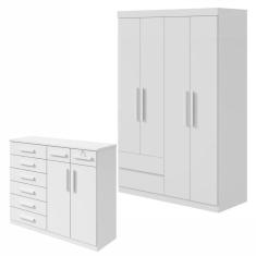 Imagem de Conjunto de Guarda-Roupa Solteiro 4 Portas 2 Gavetas Zeus e Cômoda 8 Gavetas 2 Portas Toronto  Branco