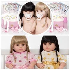Imagem de Boneca Tipo Reborn Gêmeas Cabelo Longo + Enxoval Completo