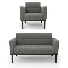 Imagem de Sof  Namoradeira E Poltrona Base De Madeira Preto Elisa Suede