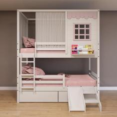 Imagem de Beliche Casinha Reta com 02 Gavetas Grade Removível Escorregador e Cor