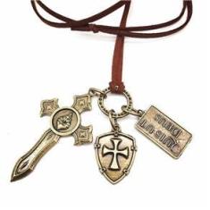 Imagem de Colar Masculino em Couro Escudo e Espada de São Miguel Arcanjo Ouro Velho