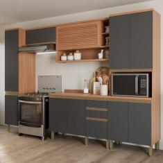 Imagem de Cozinha Completa 10 Portas 3 Gavetas com Armário e Balcão Macadâmia Freijó/grafite