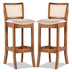 Imagem de Kit 2 Banquetas Alta Portugal com Encosto Rattan Estofada Linho Bege M58 RMI