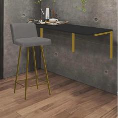 Imagem de Kit Mesa Suspensa de Parede Fixa mdf Preto + 1 Banqueta Lexi Ferro Dourado Sintético Cinza - Ahazzo Móveis