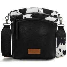 Imagem de Montana West Bolsa transversal grande com vários bolsos com zíper e alça de guitarra, Vaca preta