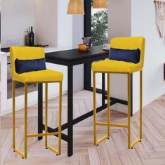 Imagem de Kit 02 Banqueta Alta com Encosto Lucca Industrial Cozinha Balcão Ferro Dourado Suede Amarelo e Almofada Azul Marinho - Ahazzo Móveis