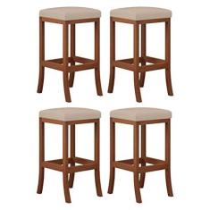 Imagem de Kit 4 Banquetas Média Estofada Barcelona 38x64Cm Bancada Madeira Maciça Castanho Suede Bege - CCS