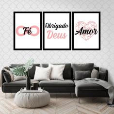 Imagem de Kit 3 Quadros Decorativos Fé, Obrigado Deus e Amor 45x34cm