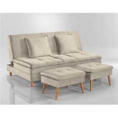 Imagem de Sofá Cama Vegas Com 2 Puffs E Pé De Madeira Talento Móveis Bege Claro